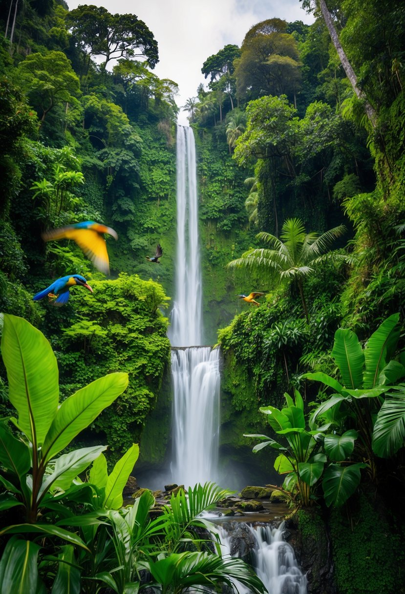 Lush green jungle with towering trees, colorful birds, and cascading waterfalls in Huilo Huilo Reserve, Chile