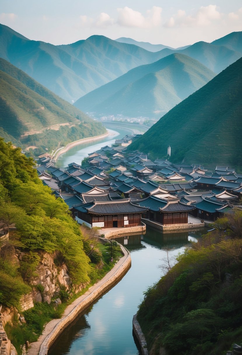 A serene traditional Korean village nestled among lush green mountains and a winding river