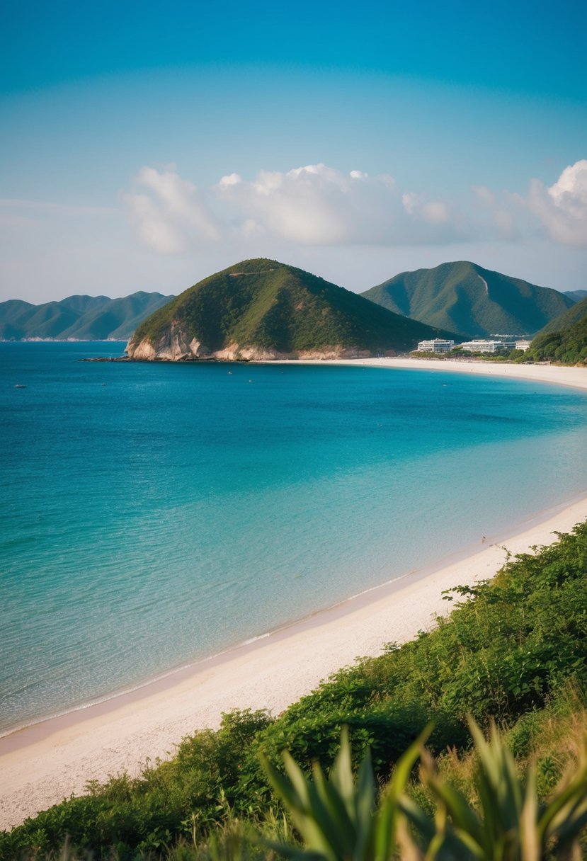 A serene beach at Geoje Island, Korea, with crystal clear waters, white sandy shores, and lush green hills in the background