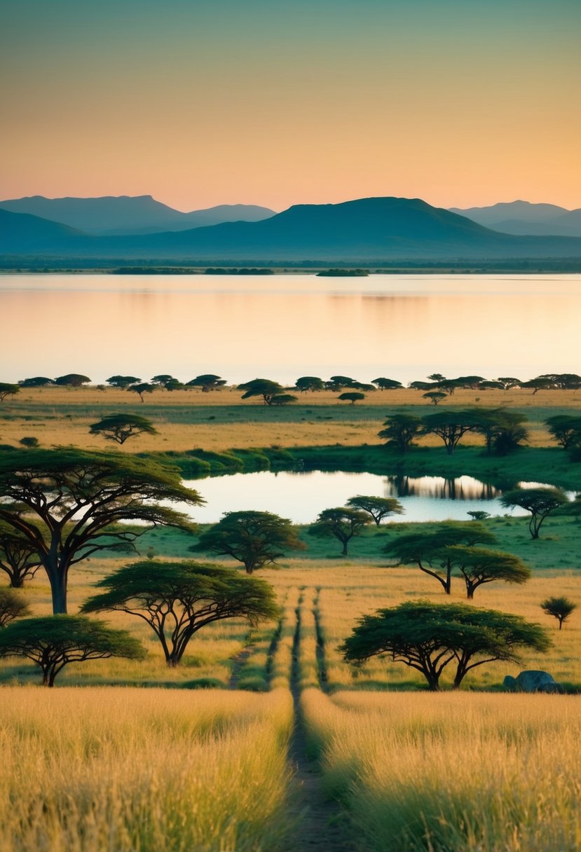 Rolling savannah with scattered acacia trees, leading to a serene lake surrounded by lush greenery and distant mountains in Aberdare National Park, Kenya