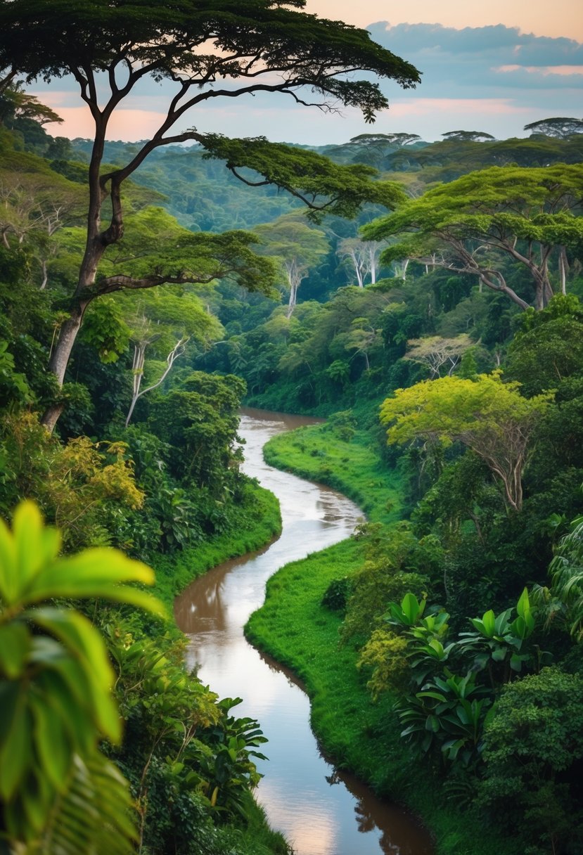 Lush jungle with towering trees, vibrant foliage, and winding river in Luangwa Valley, Zambia