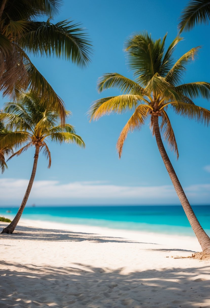 A serene beach with white sand, palm trees, and clear blue waters at Watamu, Kenya