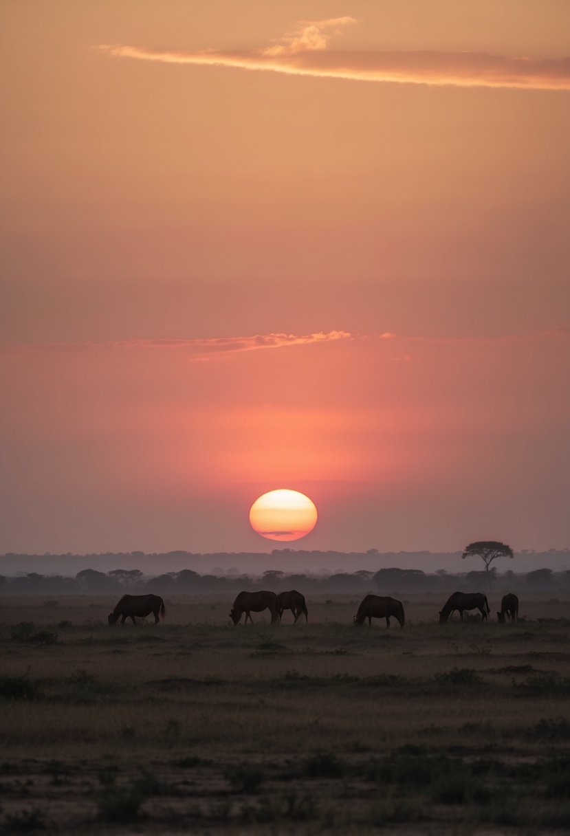 A serene sunset over the Nairobi National Park, with silhouettes of wildlife grazing in the distance