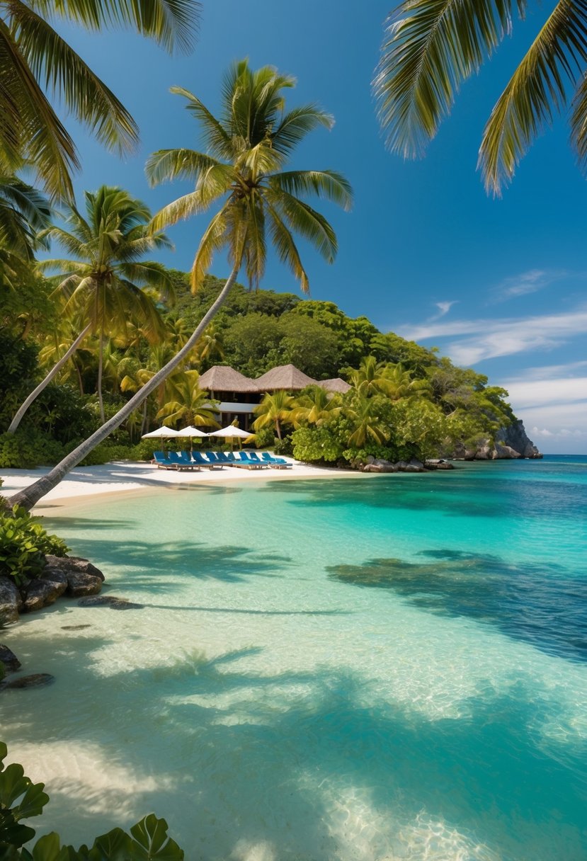 A secluded tropical beach with crystal clear water, palm trees, and a luxurious resort nestled in the lush greenery
