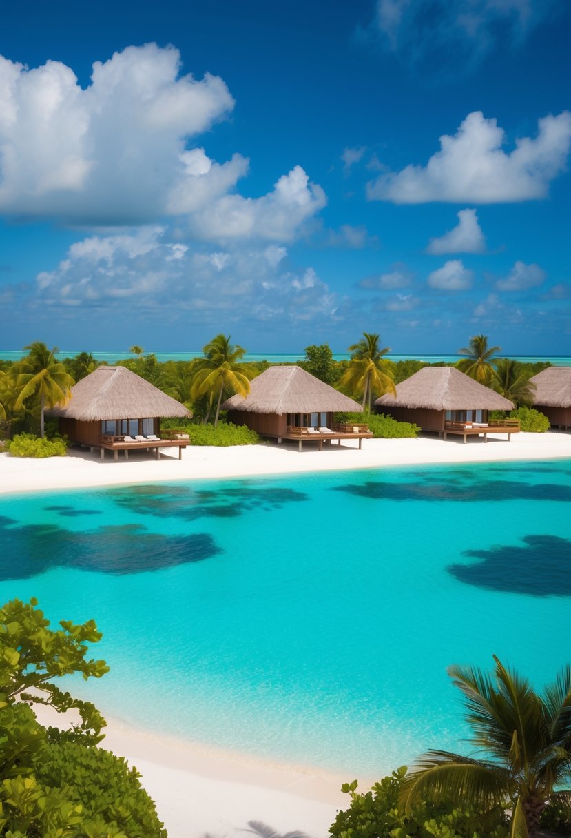 Crystal-clear turquoise lagoon surrounded by overwater bungalows with thatched roofs, lush greenery, and palm trees on a pristine white sandy beach