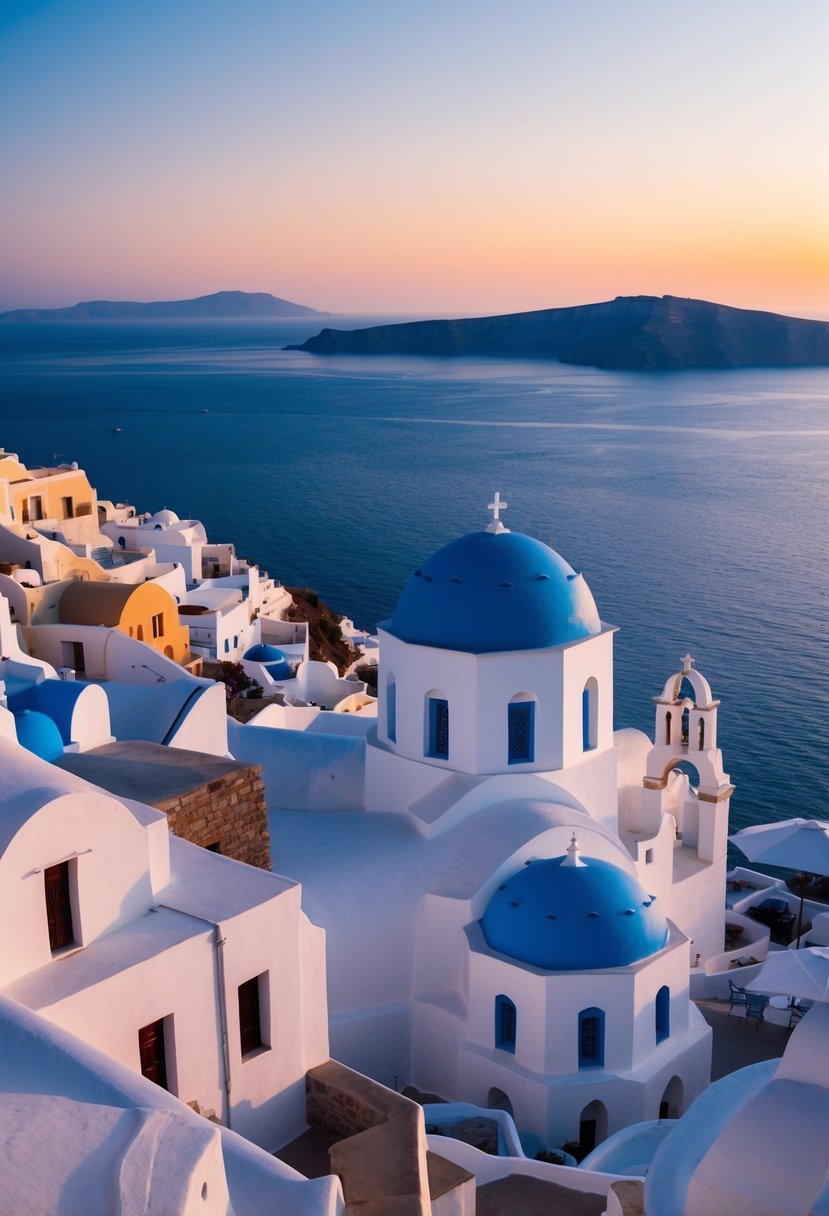 A picturesque sunset over the white-washed buildings and blue-domed churches of Santorini, with the crystal-clear waters of the Aegean Sea stretching out into the distance
