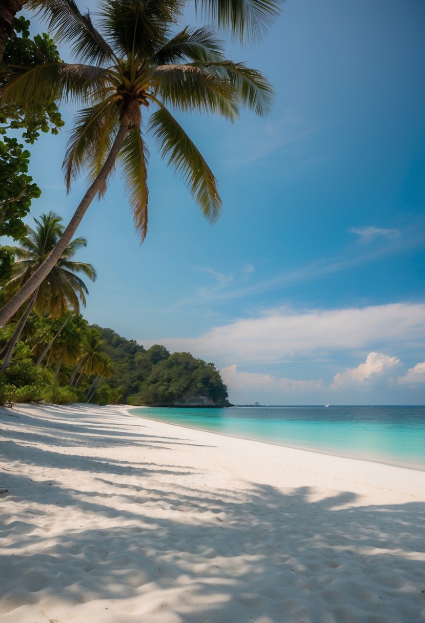 A serene beach on Gili Trawangan, Lombok, with crystal-clear waters, white sandy shores, and lush palm trees lining the coastline