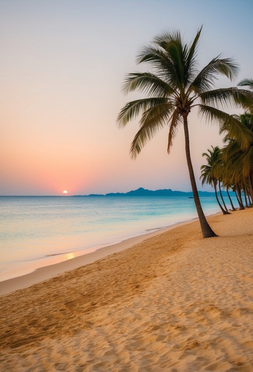 A serene beach with golden sand, clear blue waters, and palm trees lining the shore. The sun sets in the distance, casting a warm glow over the tranquil scene