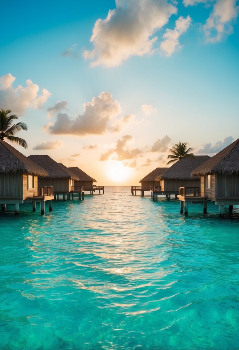 Crystal-clear turquoise waters surround overwater bungalows on a secluded Maldives island. Palm trees sway in the gentle breeze as the sun sets over the horizon