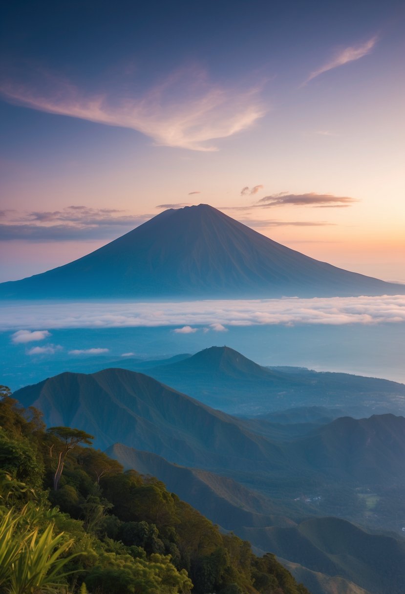 A serene mountain landscape with a picturesque view of Mount Rinjani in Lombok, perfect for a honeymoon destination