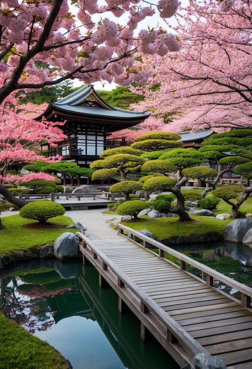 A serene traditional Japanese garden with a wooden bridge over a tranquil pond, surrounded by vibrant cherry blossom trees in full bloom