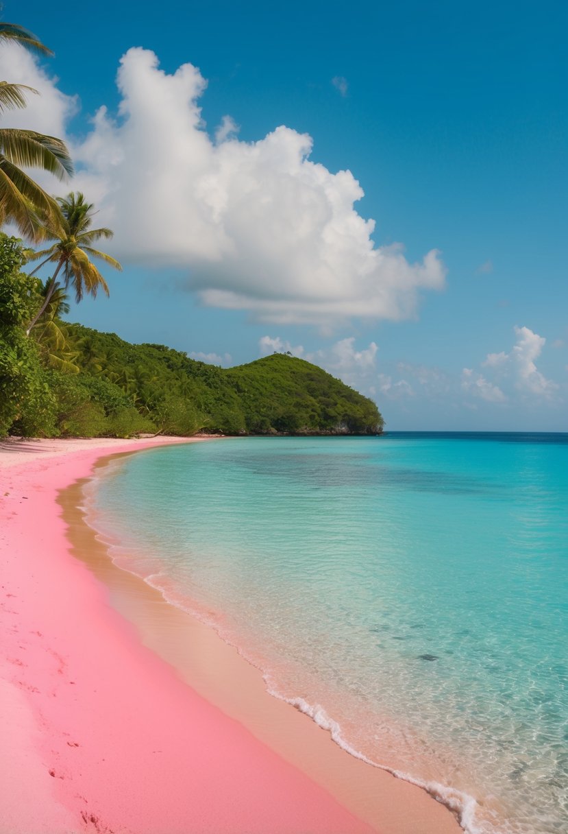 A serene pink beach on Lombok, with crystal-clear turquoise waters and lush greenery lining the shore