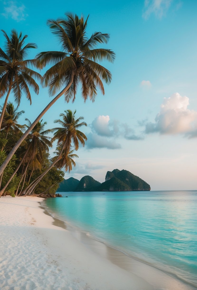 A tranquil beach at Tanjung Aan, Lombok. White sand, turquoise water, and palm trees lining the shore. A perfect honeymoon destination