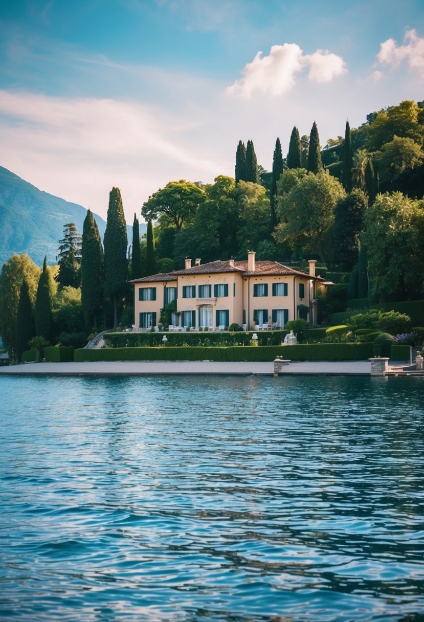 A luxurious villa on the shores of Lake Como, surrounded by lush greenery and overlooking the serene, sparkling waters