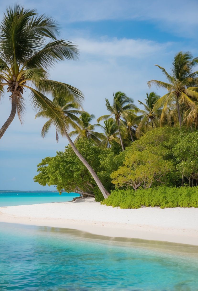 A tranquil beach with white sand, turquoise water, and lush greenery, perfect for a honeymoon getaway