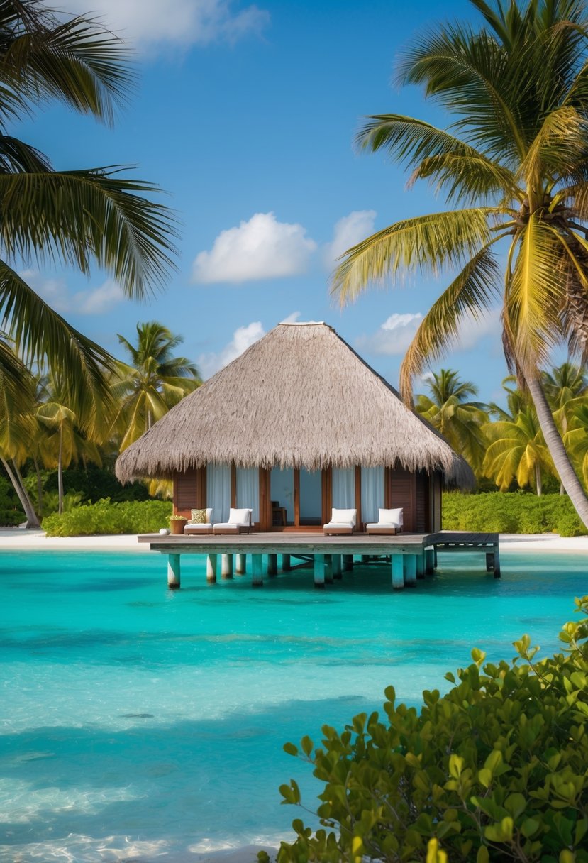 A private overwater bungalow with a thatched roof and a turquoise lagoon surrounded by palm trees and tropical foliage