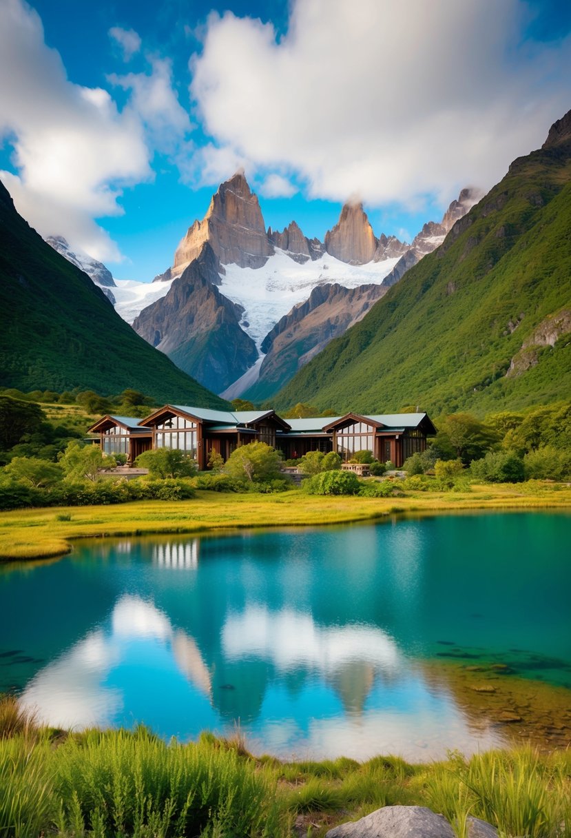 A secluded luxury lodge nestled in the lush greenery of Patagonia, Chile, surrounded by towering mountains and pristine lakes