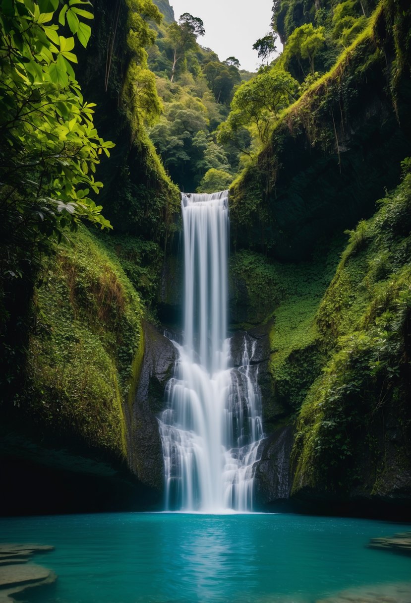 A secluded waterfall cascades into a serene pool surrounded by lush greenery in the idyllic Benang Kelambu, Lombok