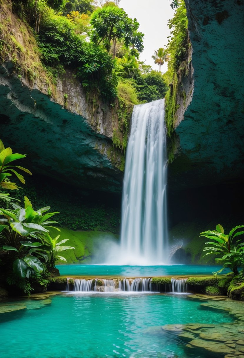 A secluded waterfall cascades over lush green cliffs into a crystal-clear pool surrounded by tropical foliage