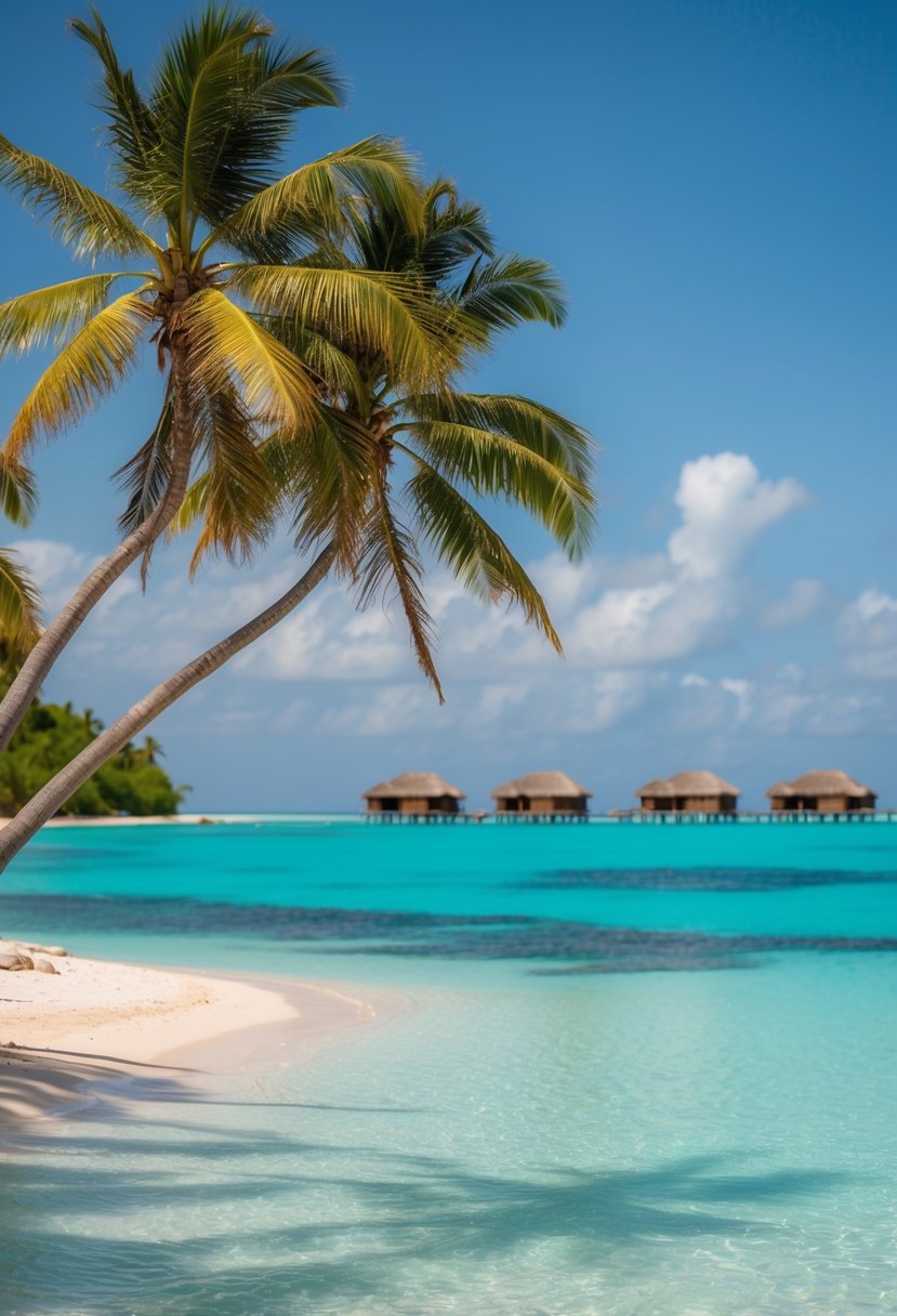A secluded beach with crystal-clear water, palm trees, and luxurious overwater bungalows in the distance