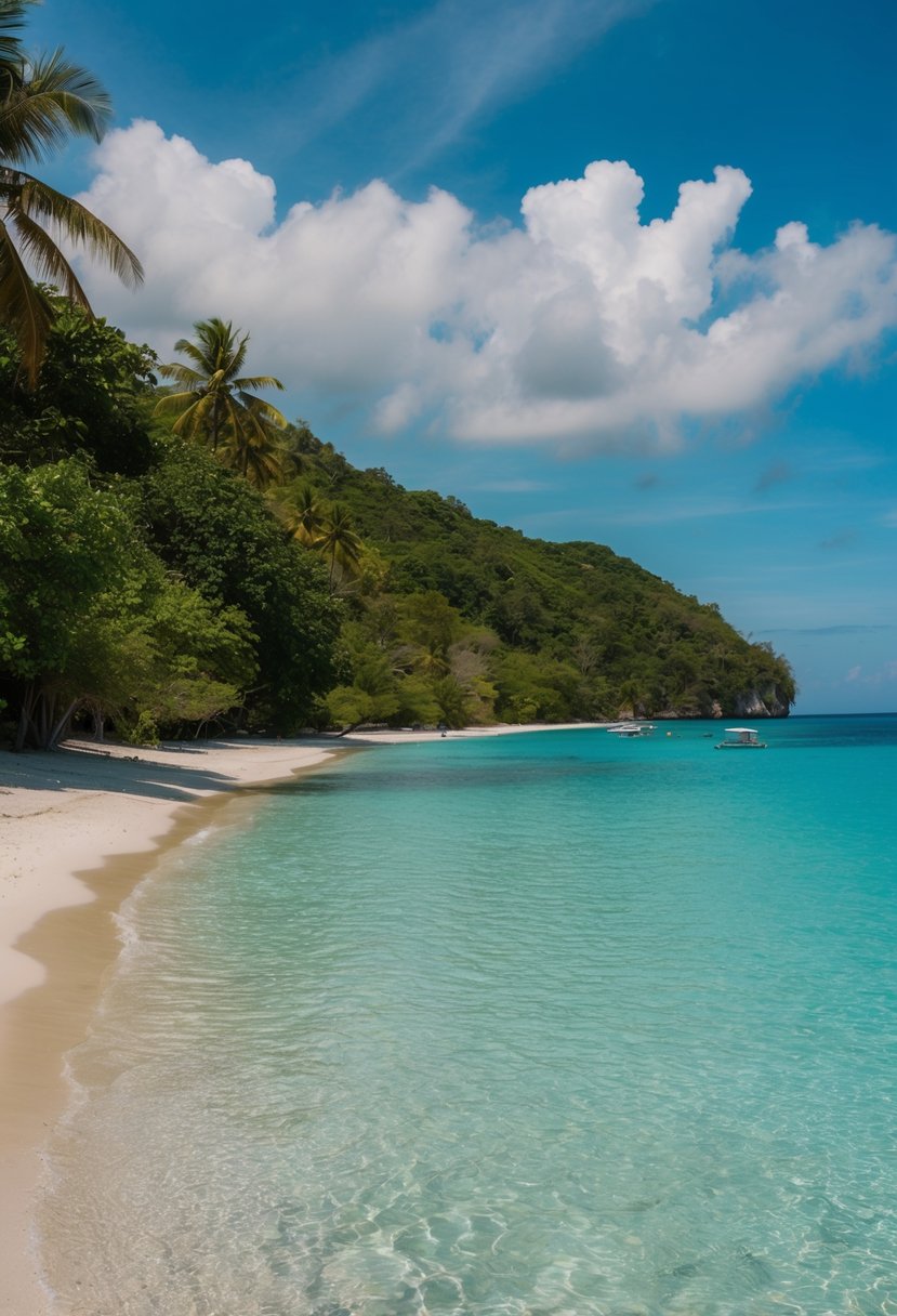 A serene beach on Gili Sudak, Lombok, with crystal-clear turquoise waters and lush greenery lining the shore