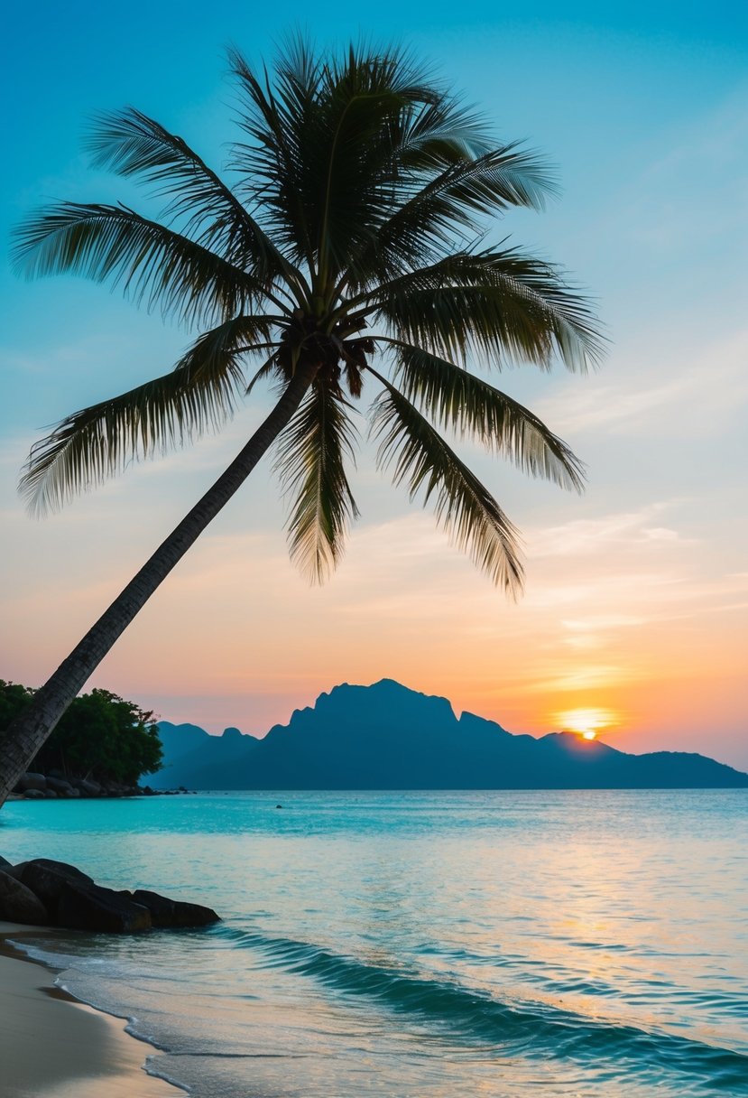 A serene beach on Gili Air, Lombok, with crystal-clear waters, palm trees, and a romantic sunset