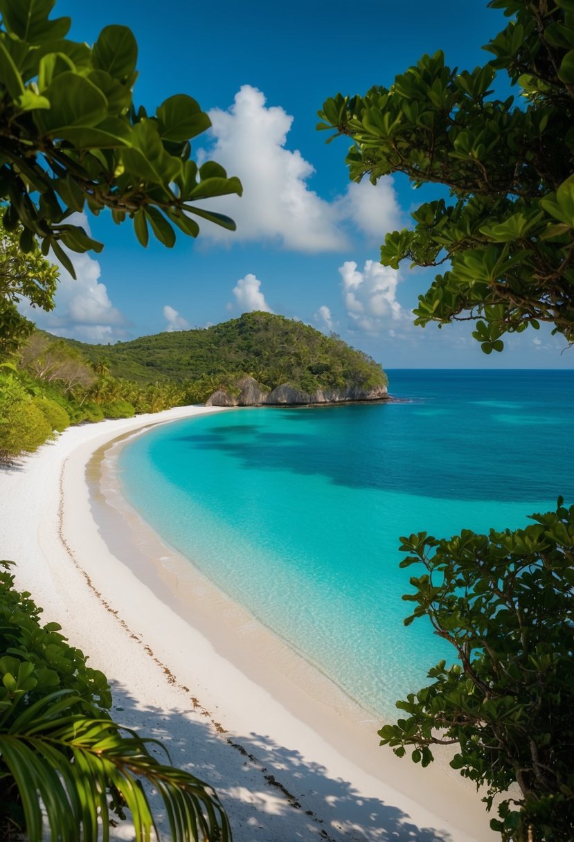 A serene beach at Sekotong Peninsula, Lombok, with crystal-clear waters, white sandy shores, and lush greenery