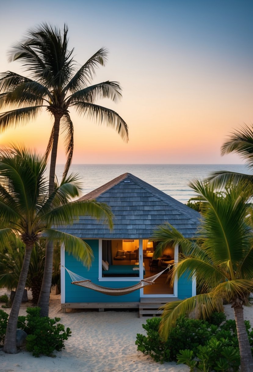 A cozy beach bungalow nestled among palm trees, with a hammock swaying in the gentle breeze and a serene sunset over the horizon