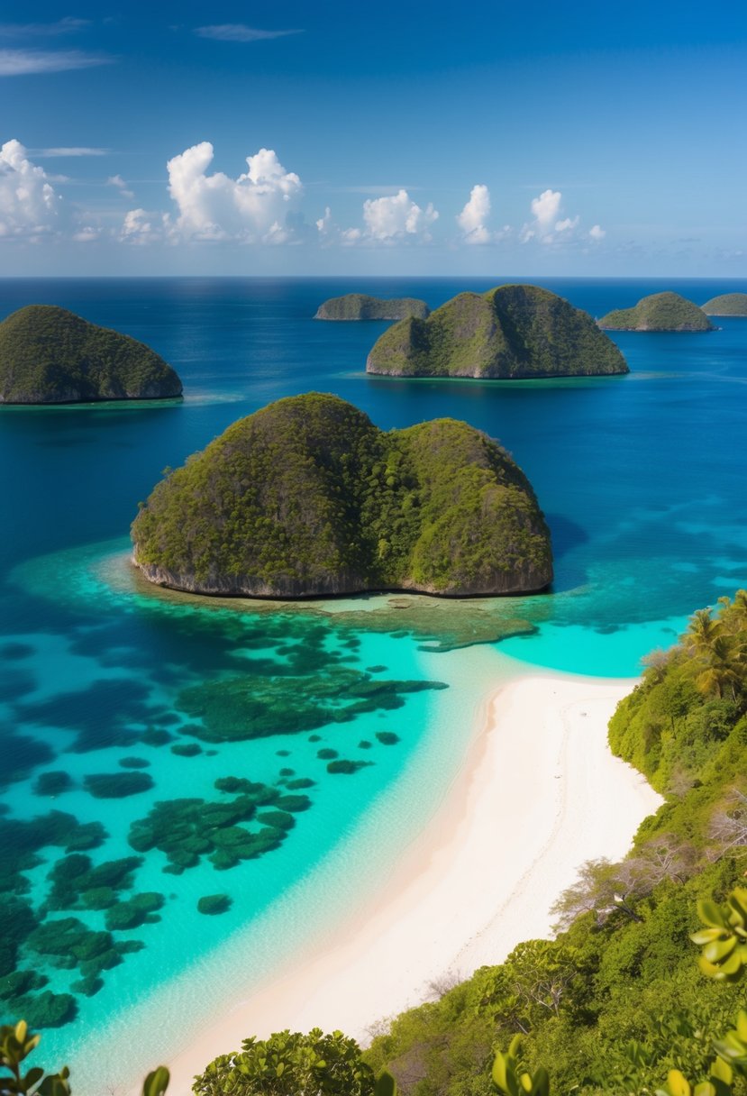 Crystal clear waters surround lush green islands in Labuan Bajo, a perfect honeymoon destination. White sandy beaches and colorful coral reefs complete the idyllic scene