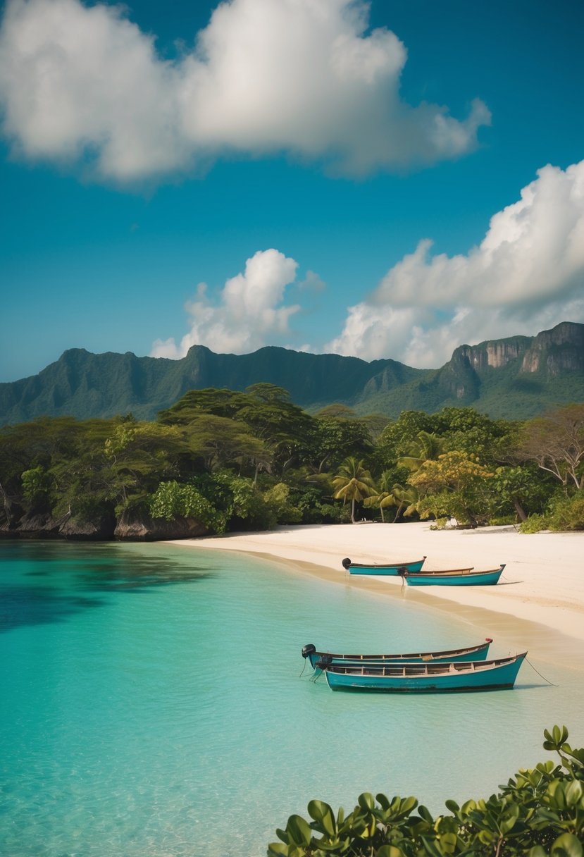 A serene beach in Komodo National Park, with crystal clear waters, lush greenery, and a couple of small boats anchored near the shore