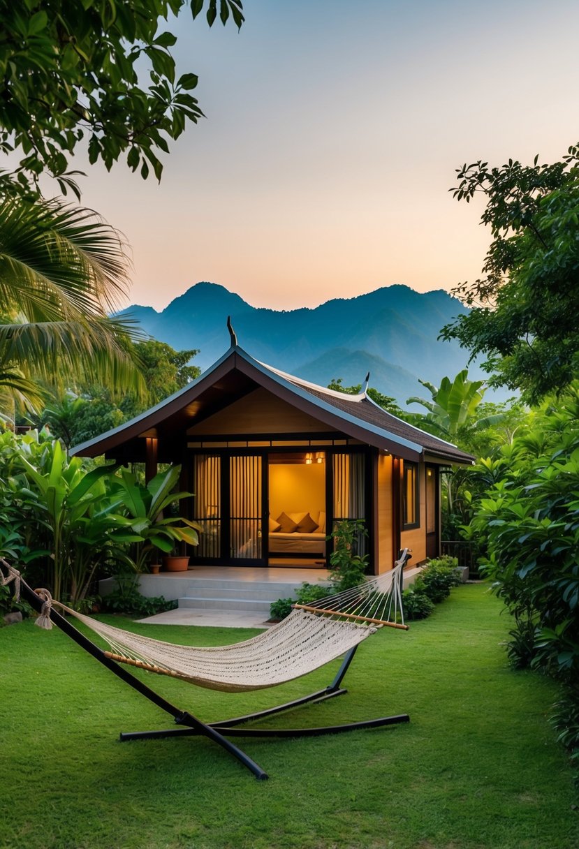 A cozy bungalow nestled among lush greenery in Chiang Mai, Thailand, with a hammock swaying in the breeze and a serene view of the mountains in the distance