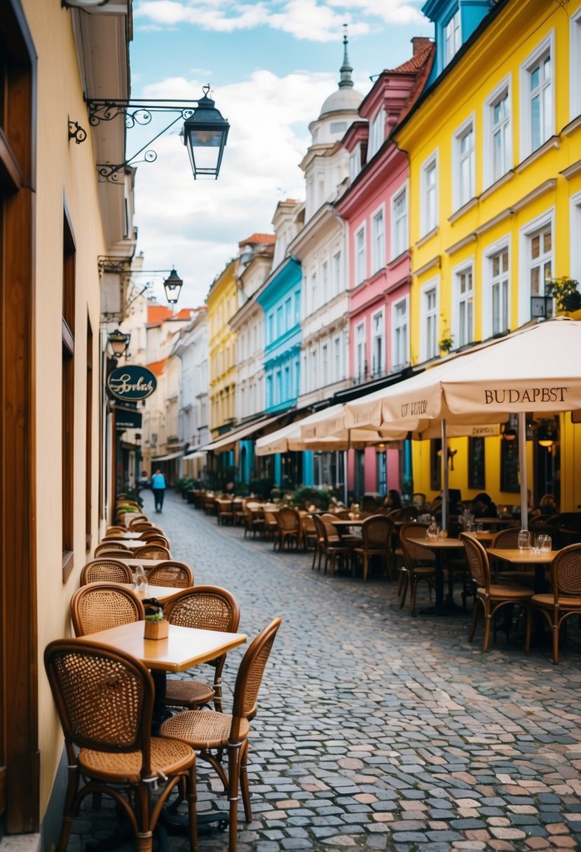 A cozy cafe in Budapest with charming outdoor seating and colorful buildings lining the cobblestone streets