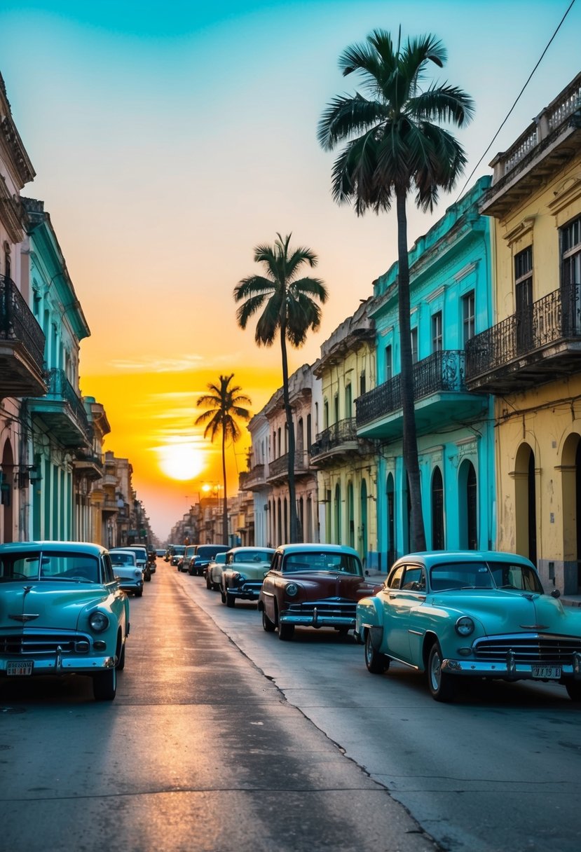 A colorful street in Havana lined with old buildings, vintage cars, and palm trees, with the sun setting in the background