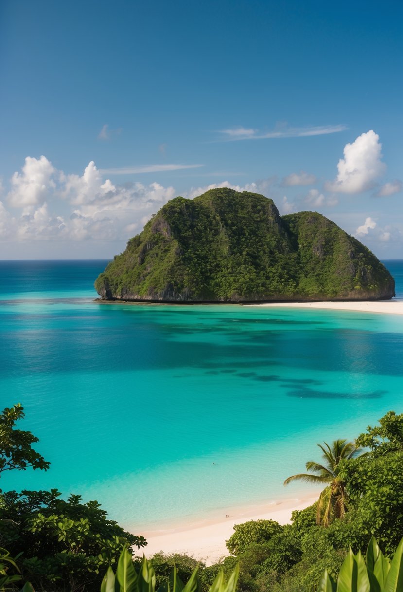 A serene beach on Padar Island with turquoise waters and lush greenery, perfect for honeymooners in Labuan Bajo