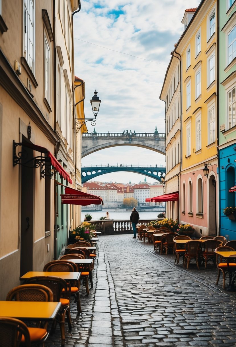 A cozy cobblestone alley in Prague, lined with quaint cafes and colorful buildings, with the iconic Charles Bridge in the background