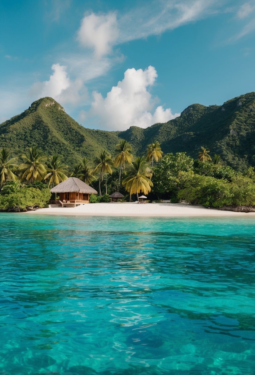A tranquil beach on Rinca Island, Labuan Bajo, with crystal-clear waters and lush greenery, perfect for honeymooners