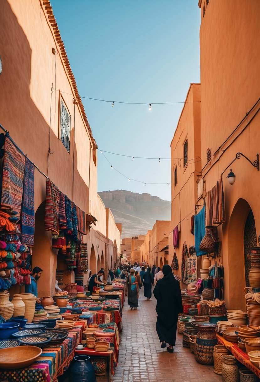 A bustling Marrakech market with colorful textiles and pottery, narrow alleyways, and the distant silhouette of the Atlas Mountains