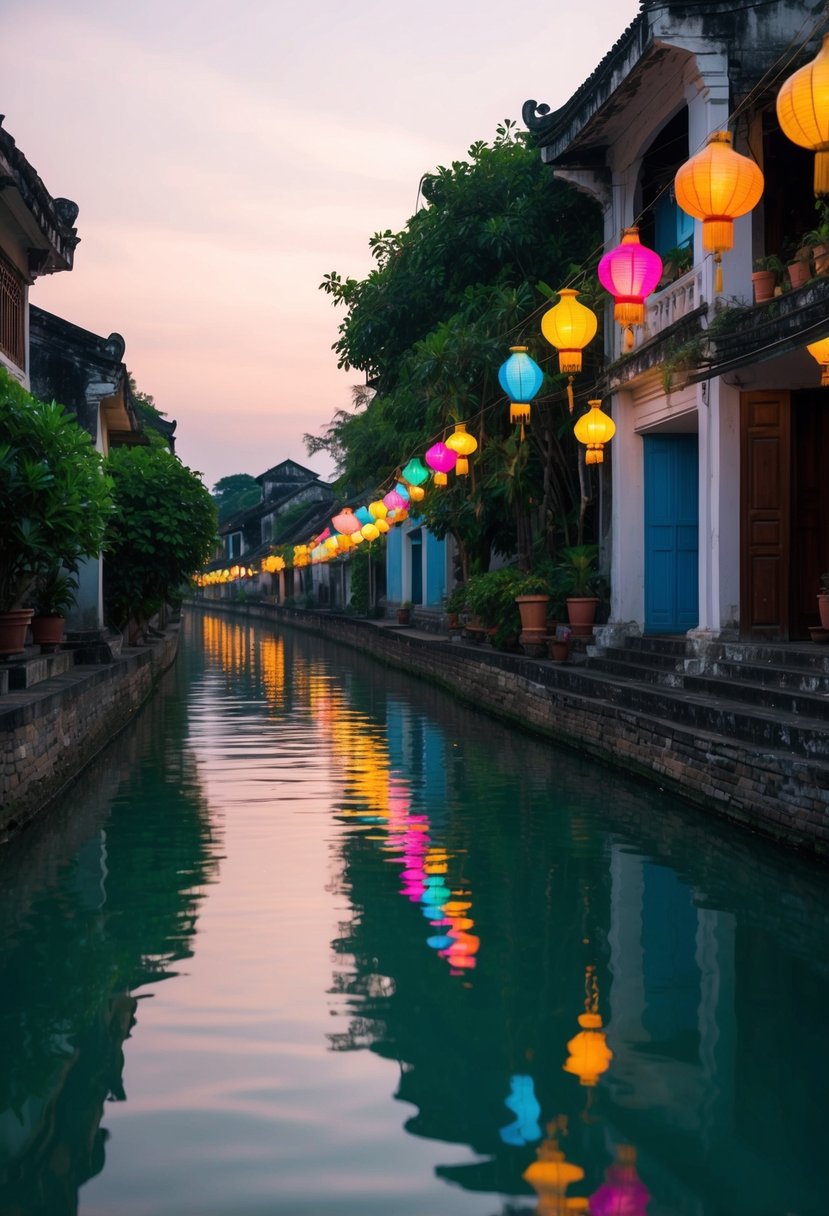 A serene river lined with colorful lanterns in the ancient town of Hoi An, Vietnam