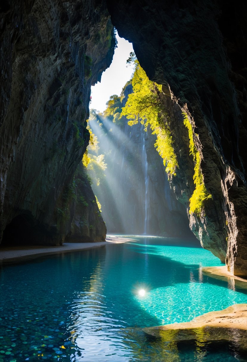 Sunlight filtering through Batu Cermin Cave, illuminating the sparkling rock formations and reflecting off the crystal-clear pools, creating a romantic atmosphere for honeymooners in Labuan Bajo