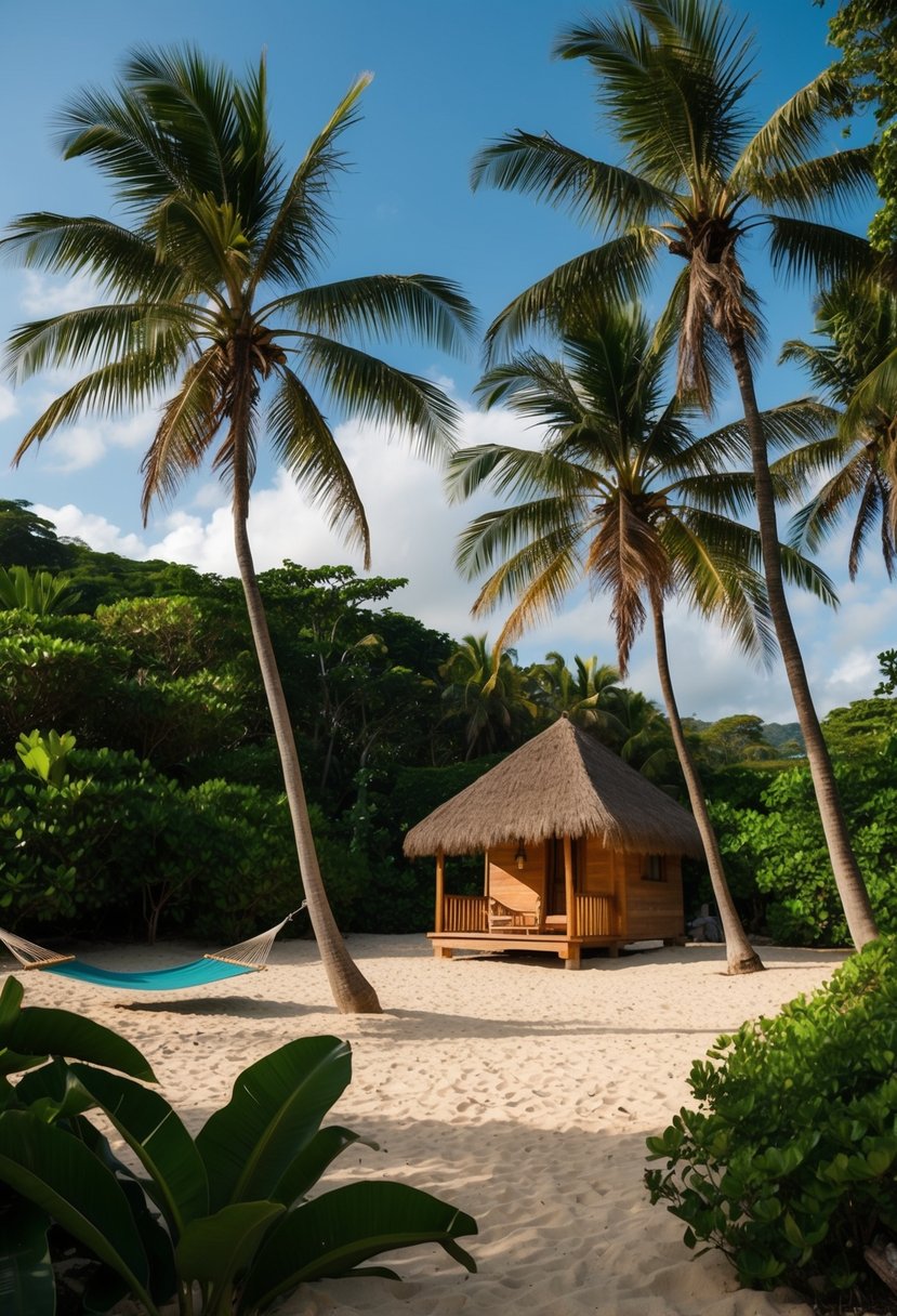 A secluded beach with palm trees, a hammock, and a small rustic cabana nestled in the lush greenery of Nicaragua's low budget honeymoon destination