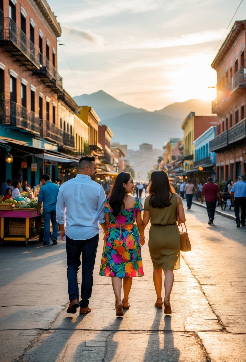 A couple strolls through the vibrant streets of Mexico City, passing colorful buildings and bustling markets. The sun sets behind the distant mountains, casting a warm glow over the city