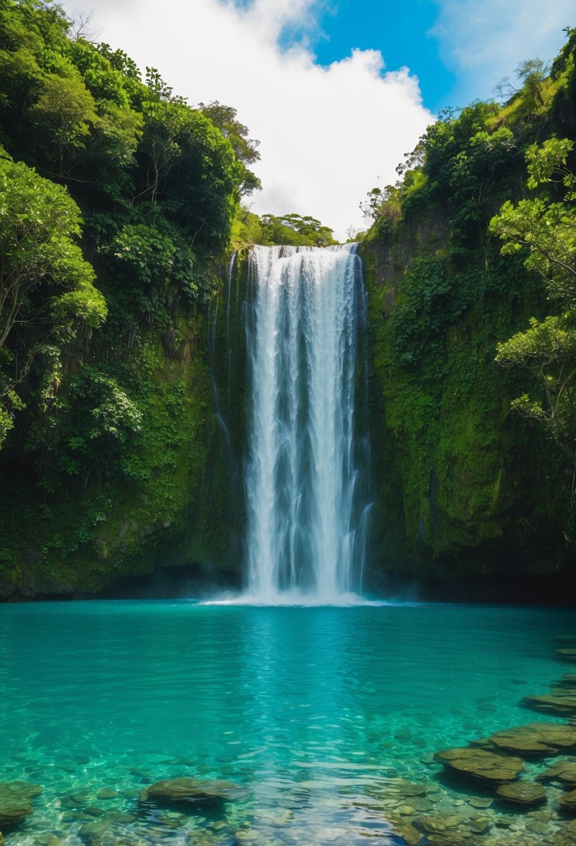 A serene waterfall cascades into a crystal-clear pool surrounded by lush greenery in Labuan Bajo, a perfect honeymoon destination