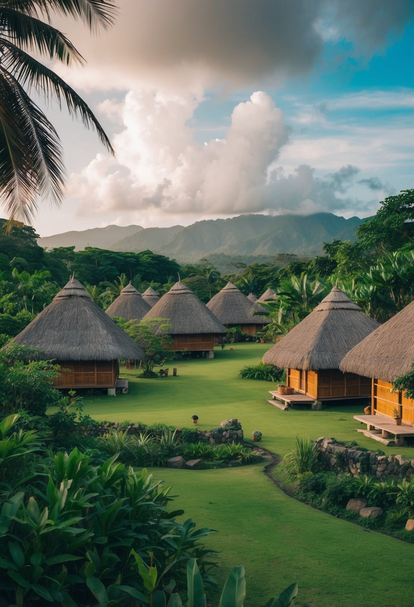 A serene village nestled in Labuan Bajo, surrounded by lush greenery and traditional Bajo tribe huts, with a tranquil atmosphere perfect for honeymooners