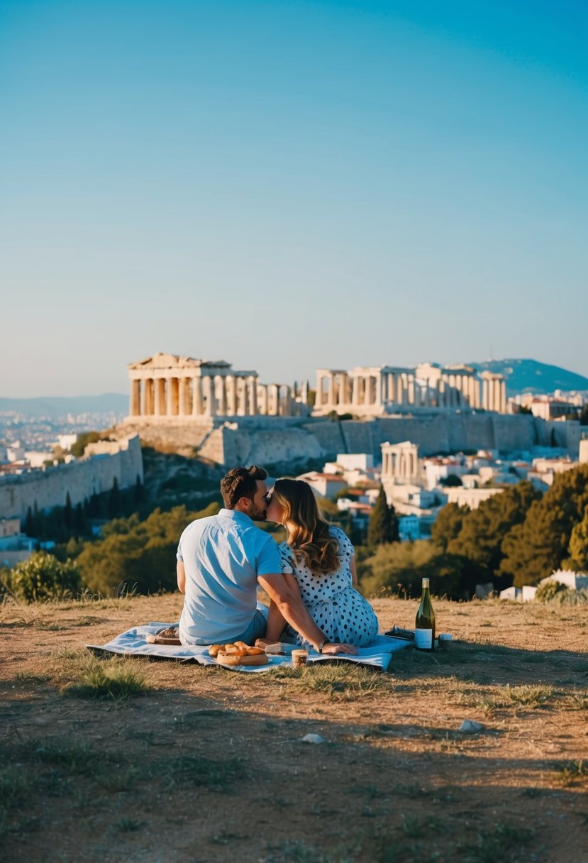 A couple enjoys a picnic on a hill overlooking the ancient ruins of Athens, with a clear blue sky and a view of the city below