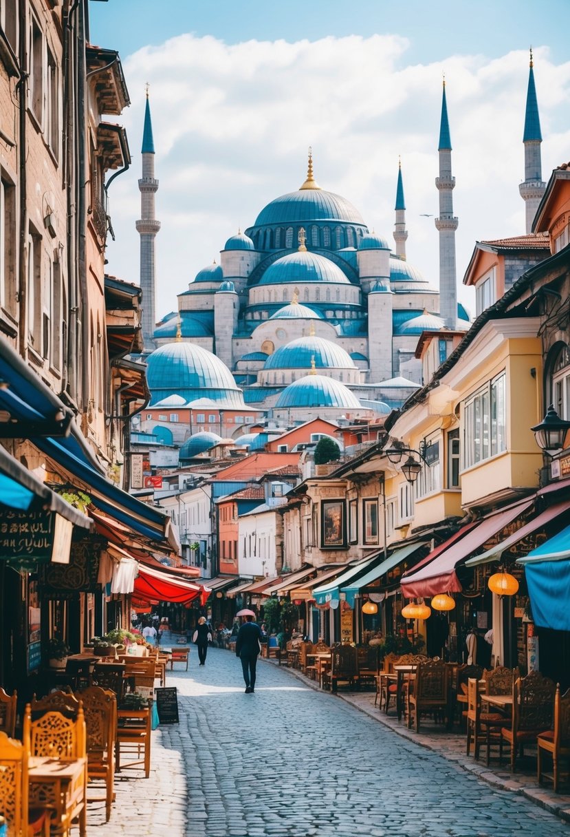 A charming cobblestone street in Istanbul's historic district, lined with colorful bazaars and traditional tea houses, overlooked by the iconic domes and minarets of the city's skyline
