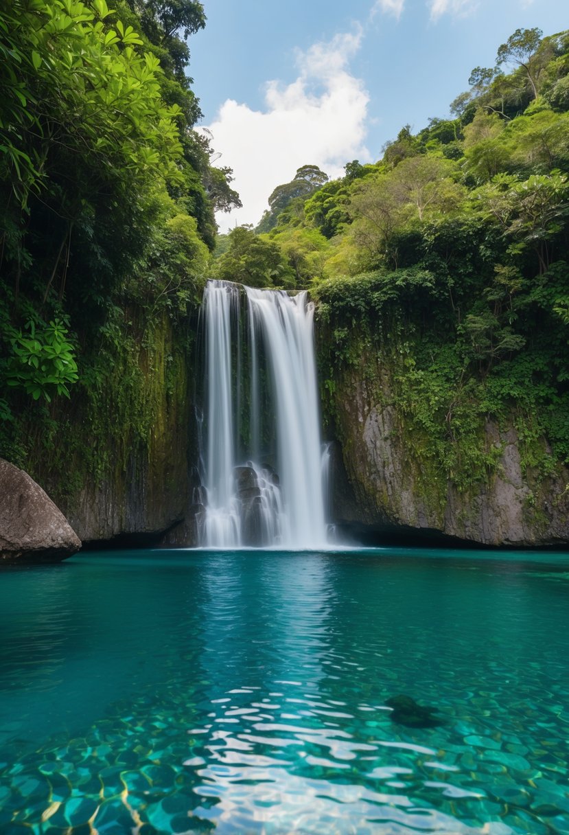 A tranquil waterfall cascading into a crystal-clear pool surrounded by lush greenery in Labuan Bajo, a perfect honeymoon destination