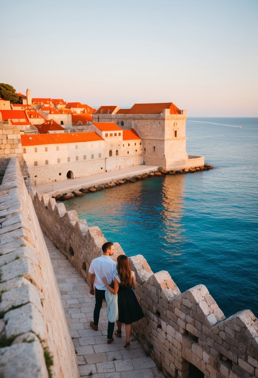 A couple strolls along the ancient walls of Dubrovnik, overlooking the sparkling Adriatic Sea. The sun sets behind the terracotta rooftops as they embrace the romance of the historic city