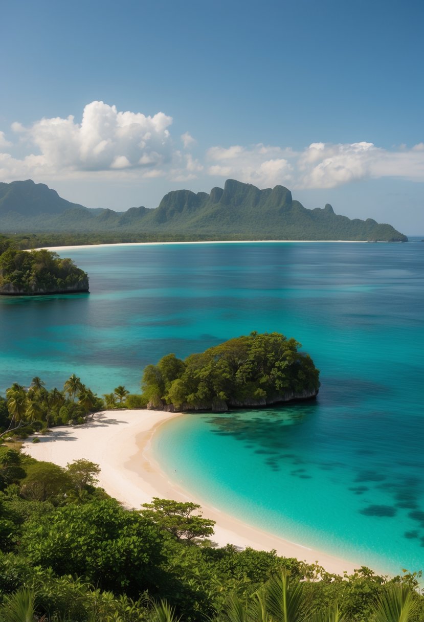 A serene beach on Kelor Island, with crystal-clear waters and lush greenery, set against the backdrop of Labuan Bajo's picturesque coastline