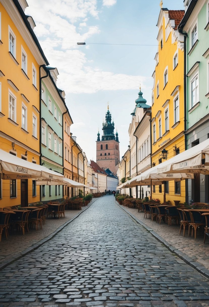 A charming cobblestone street in Krakow, Poland, lined with colorful buildings and quaint cafes, with a view of the historic Wawel Castle in the distance