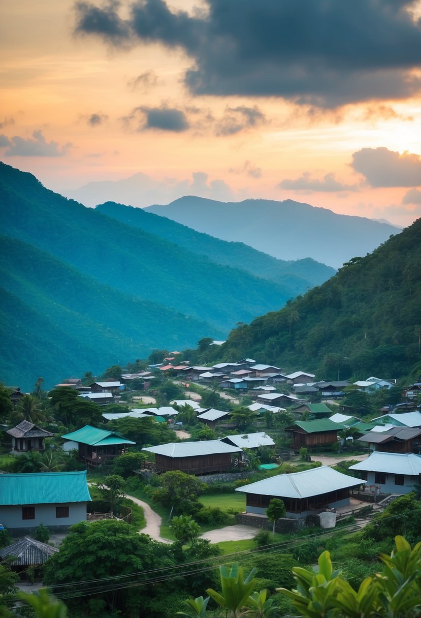A serene village nestled in the lush mountains of Labuan Bajo, with traditional houses and breathtaking views for a romantic honeymoon getaway